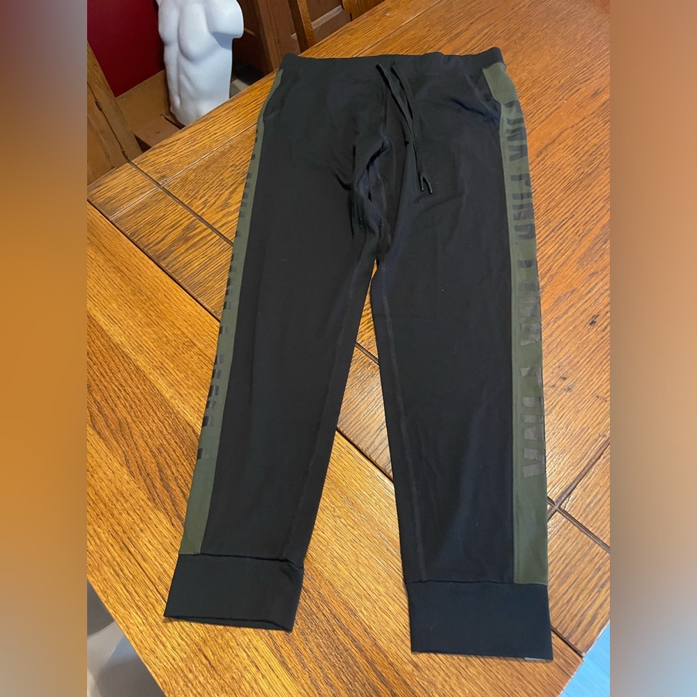 PINK Victoria's Secret Black Joggers with Olive Side Stripes
